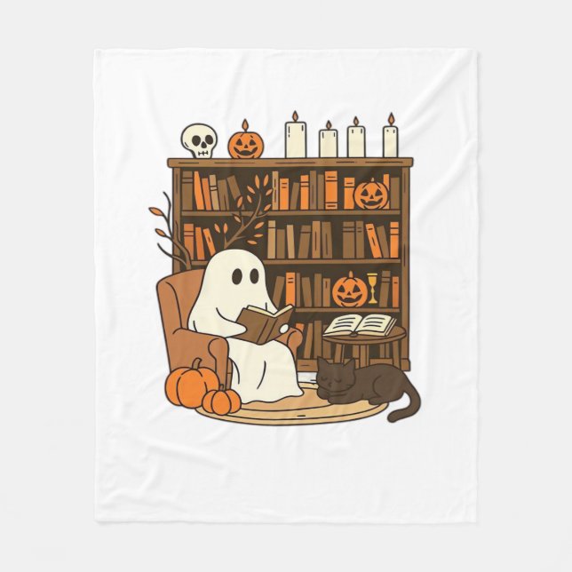 Ghost Reading in Cozy Halloween Library Classic T- Fleece Blanket (Front)