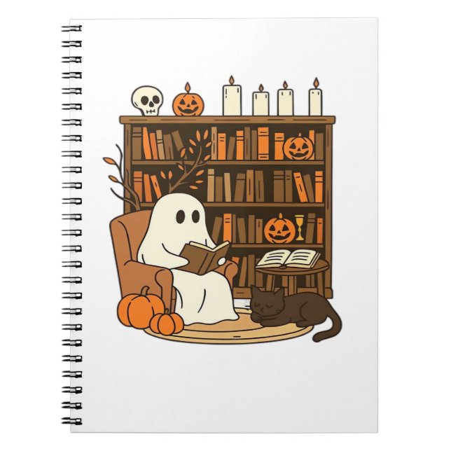 Ghost Reading in Cozy Halloween Library Classic T- Notebook (Front)
