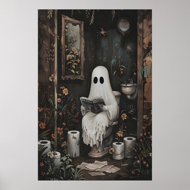 Ghost Reading Newspaper On Toilet Print, Dark Poster (Front)