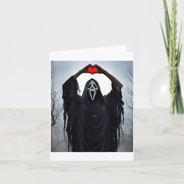 Ghost Red Heart Hands Y Face Halloween Valentines  Card (Front)
