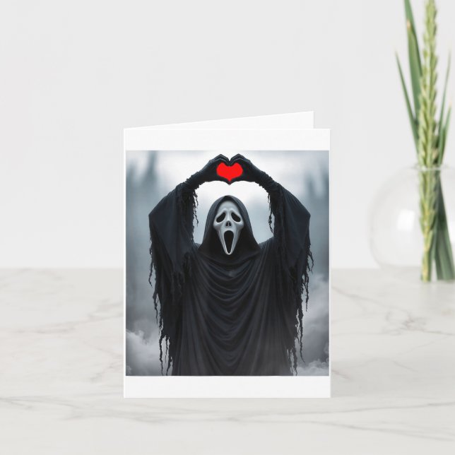 Ghost Red Heart Hands Y Face Halloween Valentines  Card (Front)