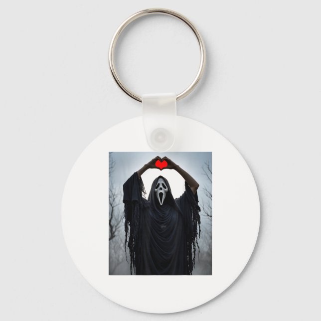 Ghost Red Heart Hands Y Face Halloween Valentines  Keychain (Front)