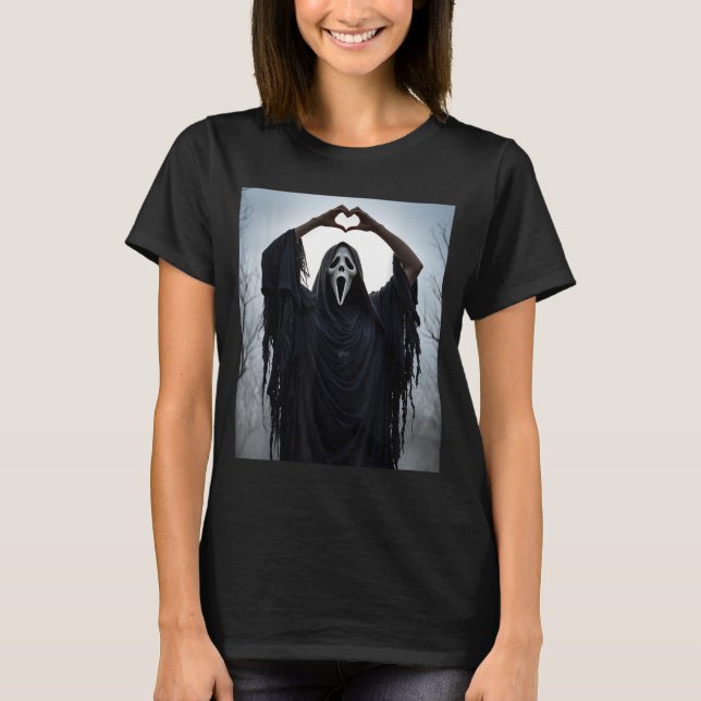 Ghost Red Heart Hands Y Face Halloween Valentines  T-Shirt (Front)