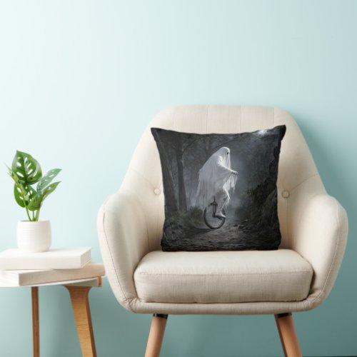 Ghost Riding a Unicycle in a Spooky Forest Throw Pillow