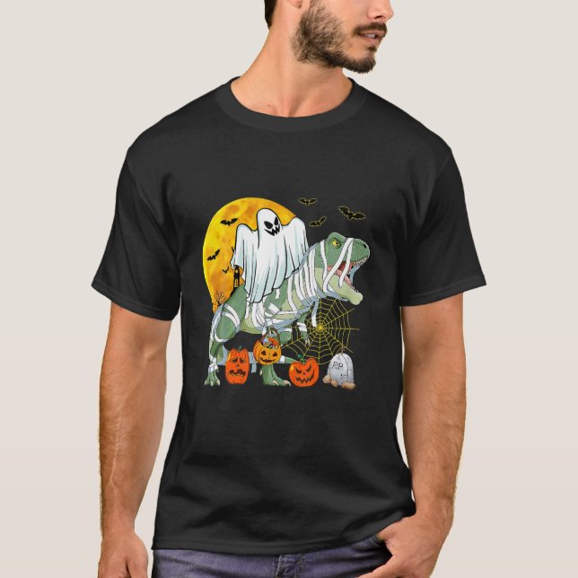 Ghost Riding Mummy Dinosaur Rex Halloween Funny Pu T-Shirt (Front)