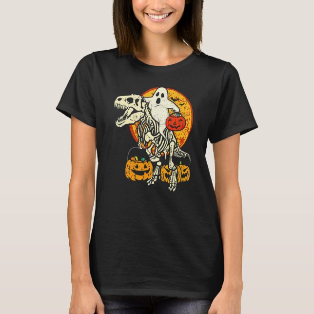 Ghost Riding Skull Dinosaur Halloween Skeleton Rex T-Shirt (Front)