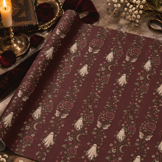 Ghost Rose Ribbon Stripe Vintage Halloween Wrapping Paper