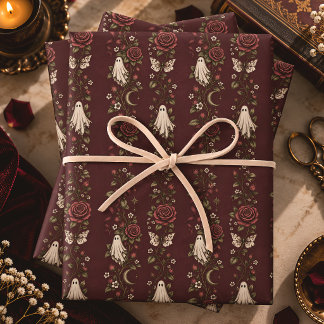 Ghost Rose Ribbon Stripe Vintage Halloween Wrapping Paper Sheets