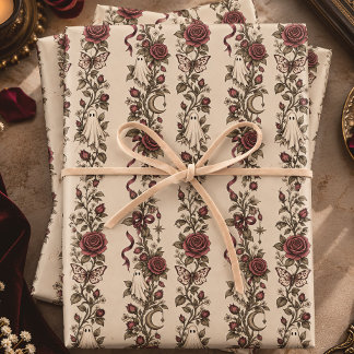 Ghost Rose Ribbon Stripe Vintage Halloween Wrapping Paper Sheets
