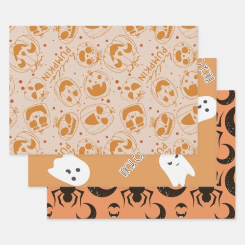Ghost Scary Pumpkin Spider Web Orange Halloween Wrapping Paper Sheets