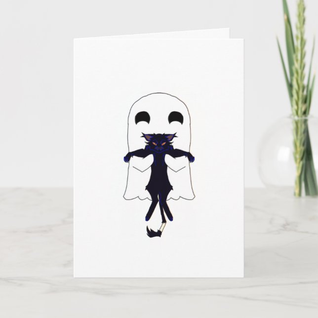 Ghost + Scraggly Black Cat Whimsical Card (Front)