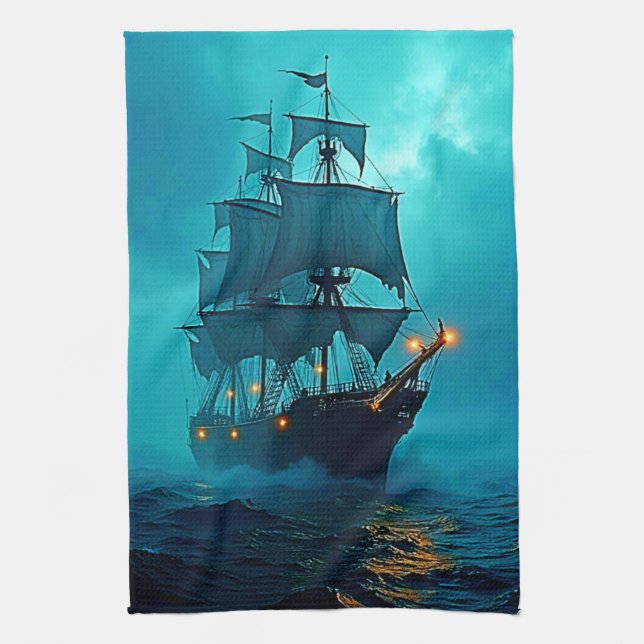 Ghost Ship on the Stormy Seas Design Kitchen Towel (Vertical)