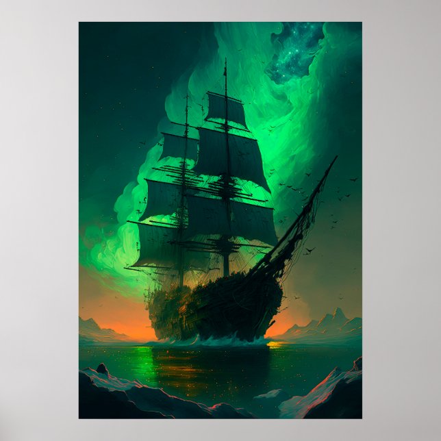 Ghost Ship Painting with Green Sky Sunset Glow Poster (Front)