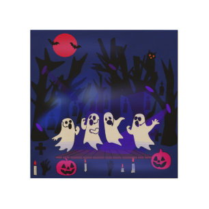 Ghost Singing Contest in Haunted Forest Graveyard Wood Wall Art