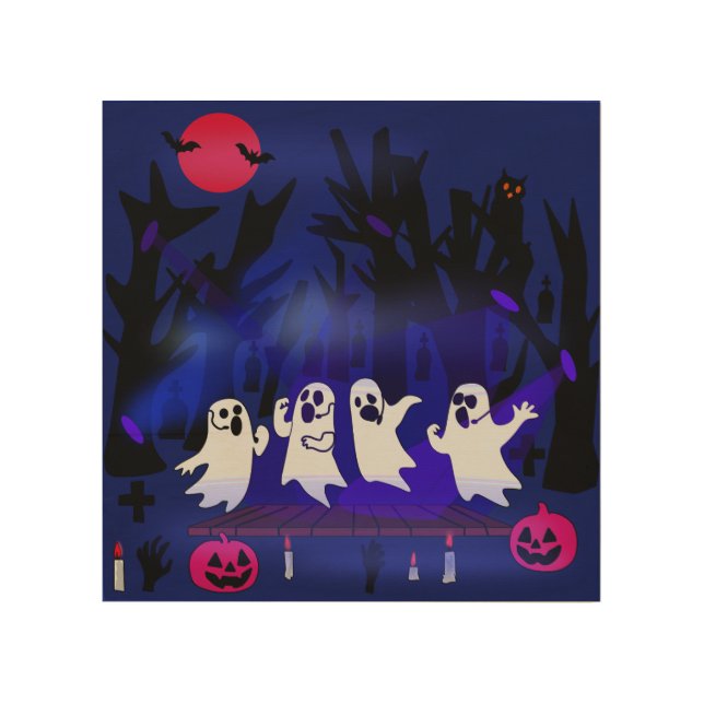 Ghost Singing Contest in Haunted Forest Graveyard Wood Wall Art (Front)