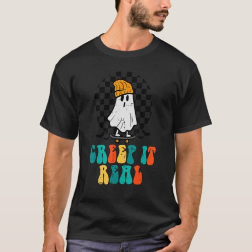 Ghost Skateboard Creep It Real Retro Halloween Cos T_Shirt