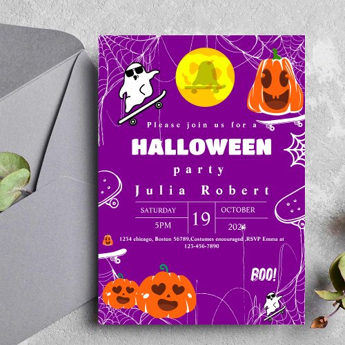 ghost skateboard Halloween pumpkin purple Invitation