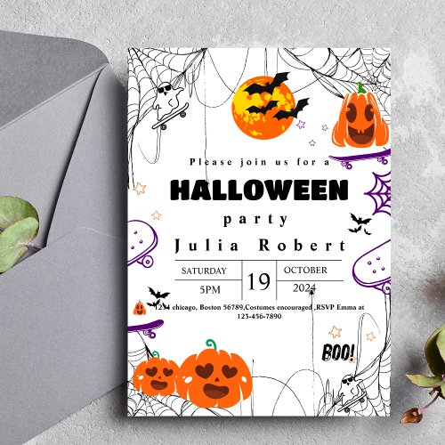 ghost skateboard Halloween pumpkin purple Invitation