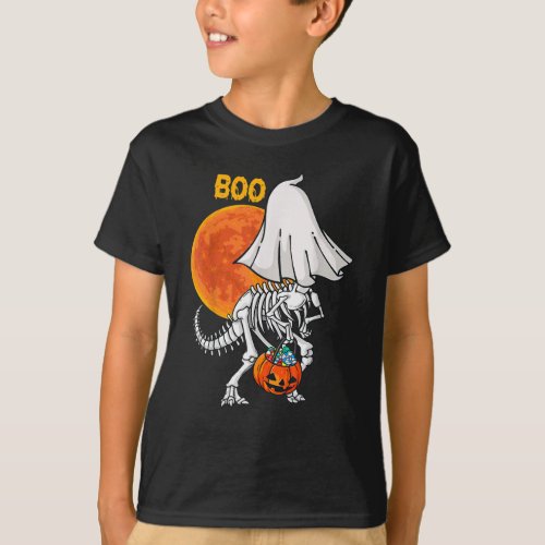 Ghost Skeleton Dinosaur Boo Halloween Pumpkin T_Shirt