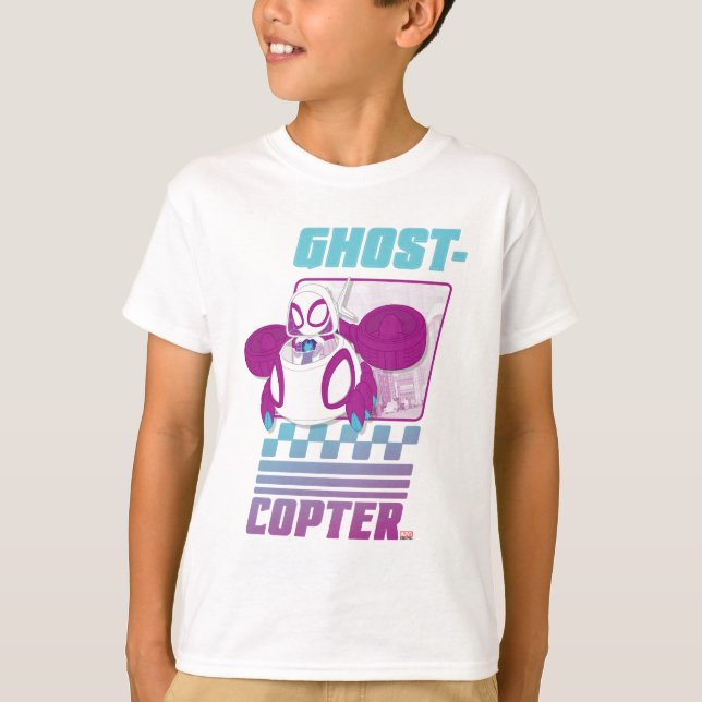 Ghost-Spider Flying Her Ghost-Copter T-Shirt (Front)