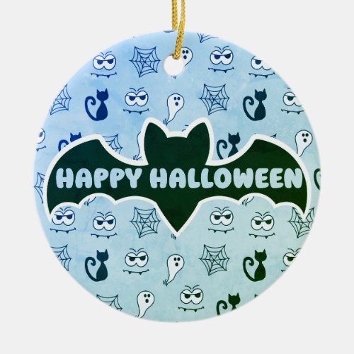 Ghost Spiderwebs and Black Cats Blue Ceramic Ornament