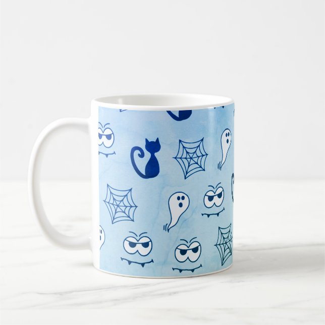 Ghost, Spiderwebs and Black Cats Blue Coffee Mug (Left)