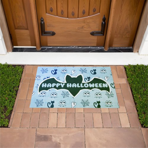 Ghost Spiderwebs and Black Cats Blue Doormat