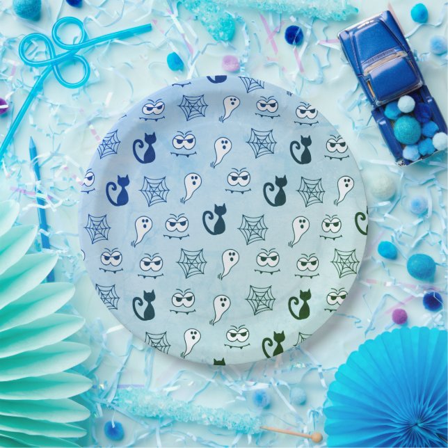 Ghost, Spiderwebs and Black Cats Blue Paper Plates (Party)