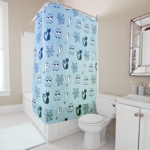 Ghost Spiderwebs and Black Cats Blue Shower Curtain