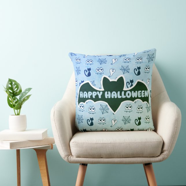 Ghost, Spiderwebs and Black Cats Blue Throw Pillow (Chair)