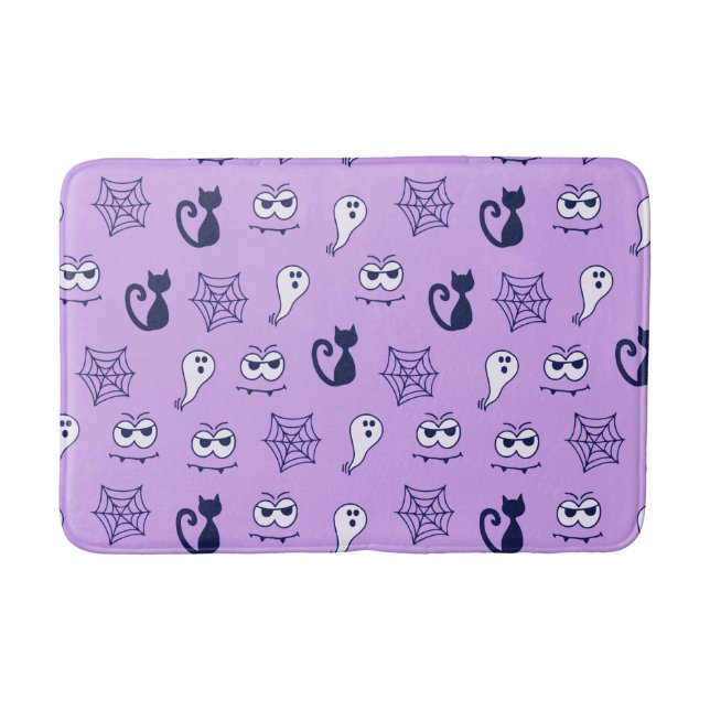 Ghost, Spiderwebs and Black Cats Purple Bath Mat (Front)