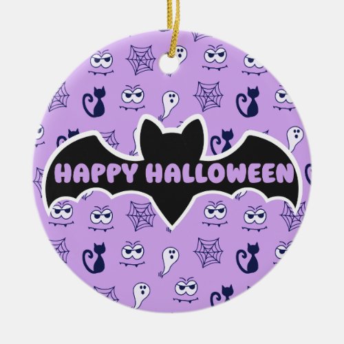 Ghost Spiderwebs and Black Cats Purple Ceramic Ornament