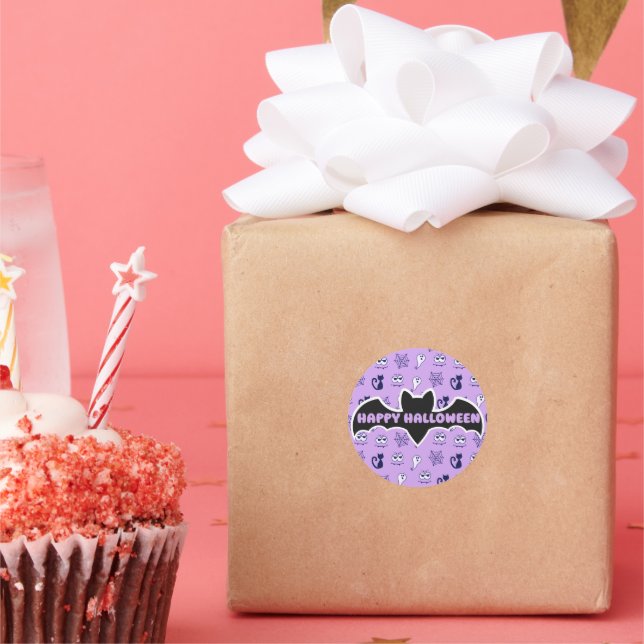 Ghost, Spiderwebs and Black Cats Purple Classic Round Sticker (Party)