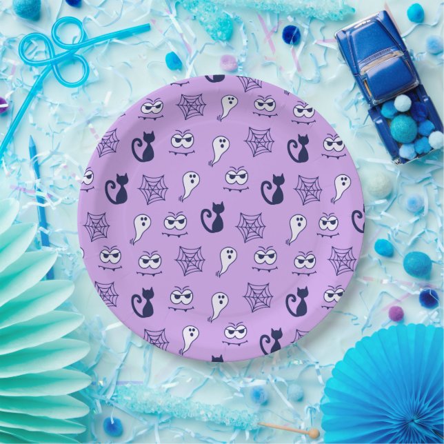Ghost, Spiderwebs and Black Cats Purple Paper Plates (Party)