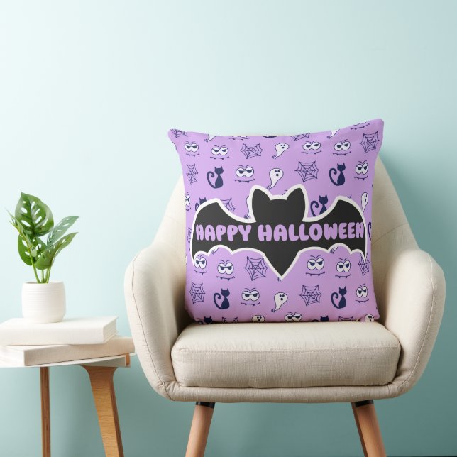Ghost, Spiderwebs and Black Cats Purple Throw Pillow (Chair)