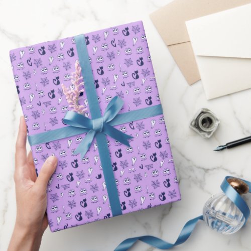 Ghost Spiderwebs and Black Cats Purple Wrapping Paper