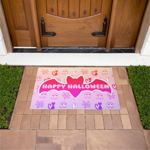 Ghost Spiderwebs and Black Cats Rainbow Pink Doormat
