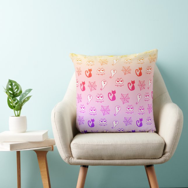 Ghost, Spiderwebs and Black Cats Rainbow Throw Pillow (Chair)