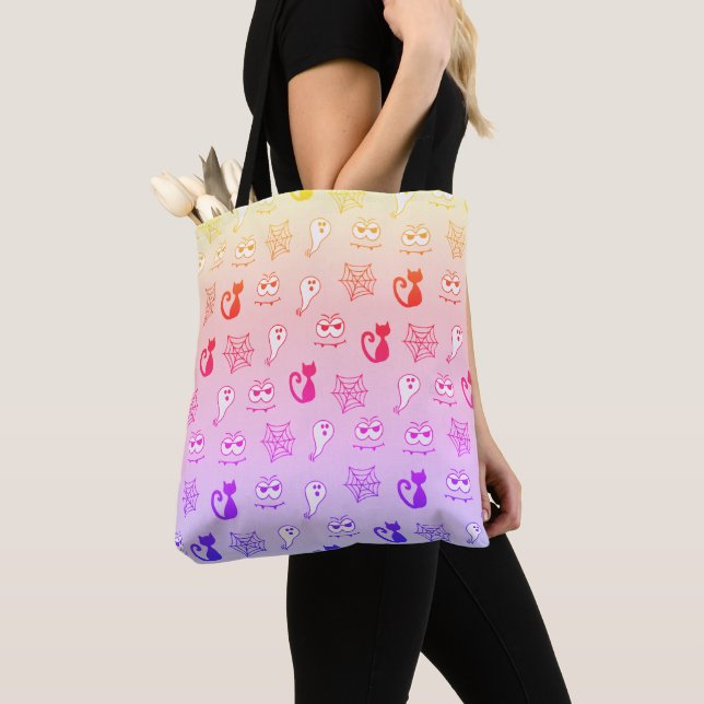 Ghost, Spiderwebs and Black Cats Rainbow Tote Bag (Close Up)