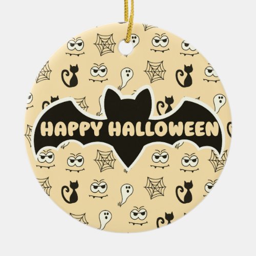 Ghost Spiderwebs and Black Cats Yellow Ceramic Ornament