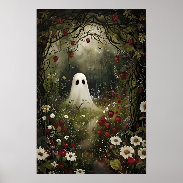 Ghost Strawberry Meadow Print, Whimsical Halloween Poster (Front)