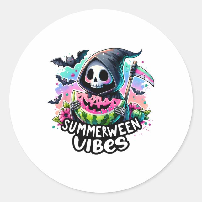 Ghost Summerween Vibes Watermelon Pumpkin Summer V Classic Round Sticker (Front)