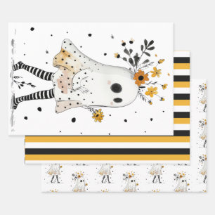 Ghost& Sunflowers with Stripe Pattern Halloween Wrapping Paper Sheets