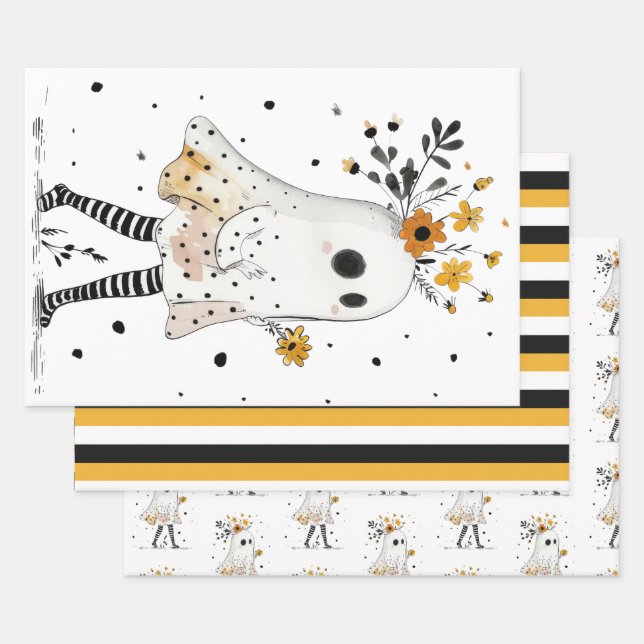 Ghost& Sunflowers with Stripe Pattern Halloween Wrapping Paper Sheets (Set)