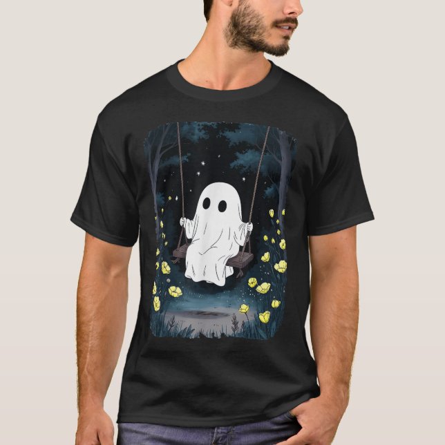  Ghost Swinging In Forest Night Halloween Floral  T-Shirt (Front)