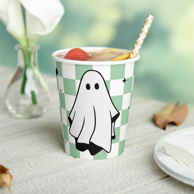 Ghost-Themed Halloween Checkered Paper Cups (Insitu)