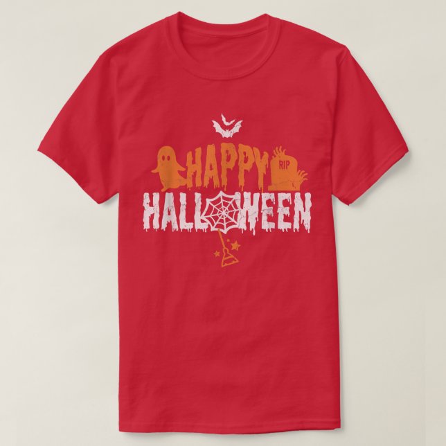 Ghost Tombstone Witch Broom Bats Spyder Web Happy  T-Shirt (Design Front)