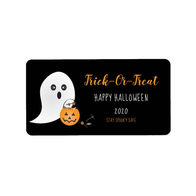 Ghost Trick Or Treating Halloween Candy Pumpkin Label (Front)