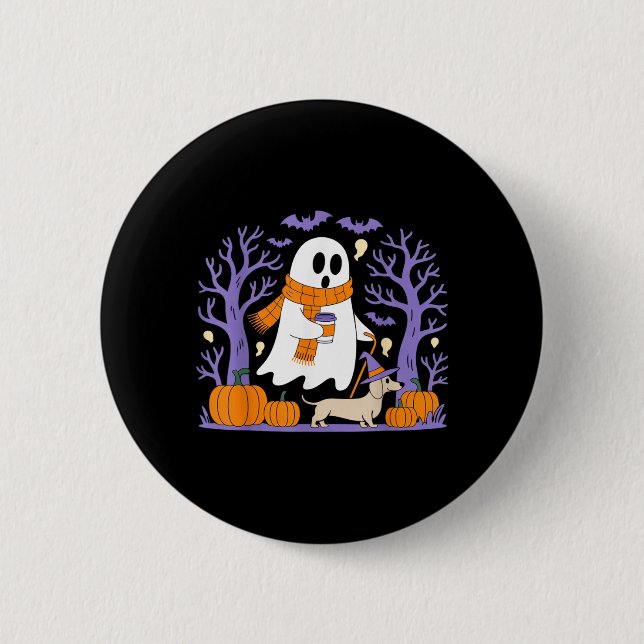 Ghost Walking Dachshund Funny Spooky Season Button (Front)