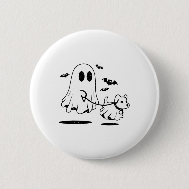 Ghost Walking Dog Dressed As Ghost Funny Halloween Button (Front)